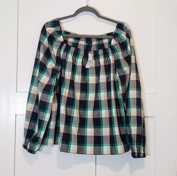 Ann Taylor Tops - Ann Taylor Plaid Ruched Square Neck Top Size Large Black Green White Bra…